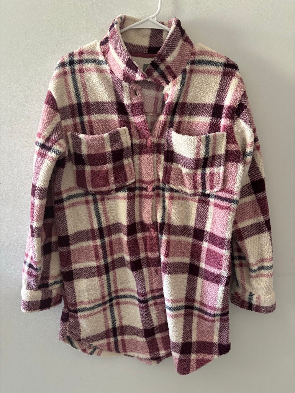 Berkley Jensen Womens Plaid Shacket Size Small Cream Purple Fleece Fall Autumn